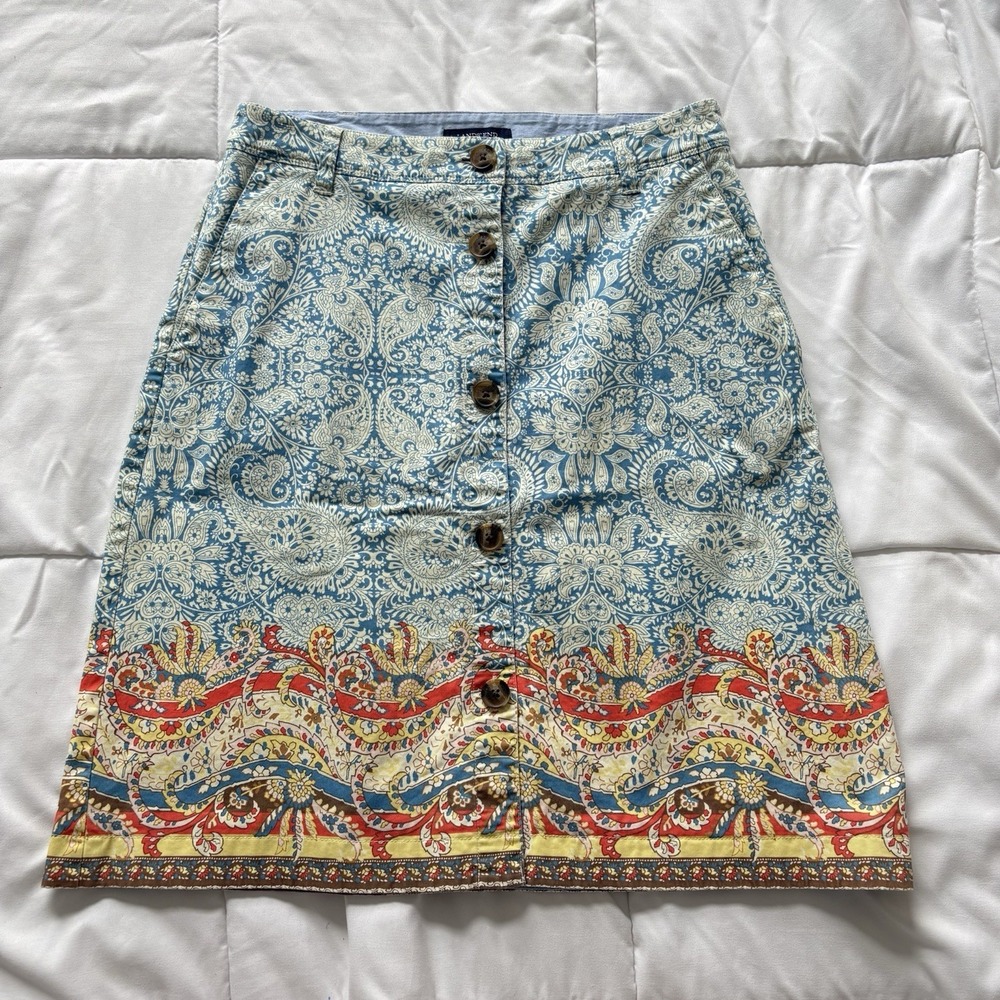 Lands' End Midi Skirt Womens 4 Paisley Floral Blue Pockets Summer Beachy Dainty
